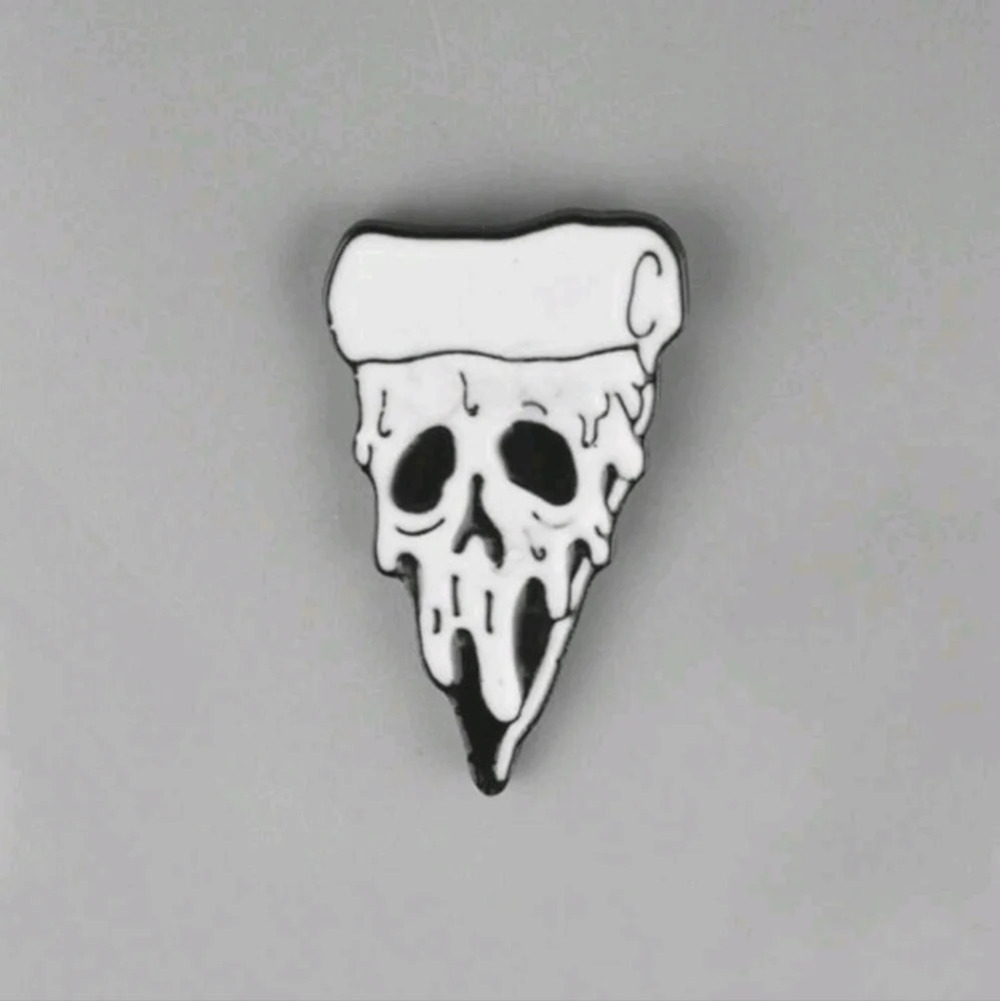 Black white pizza slice skull enamel brooch pin clothes hat bag denim backpack